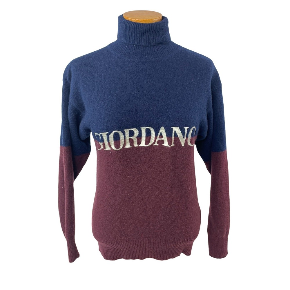 VINTAGE Giordano Sweater Womens Small Blue Purple Turtleneck Spell Out Lambswool